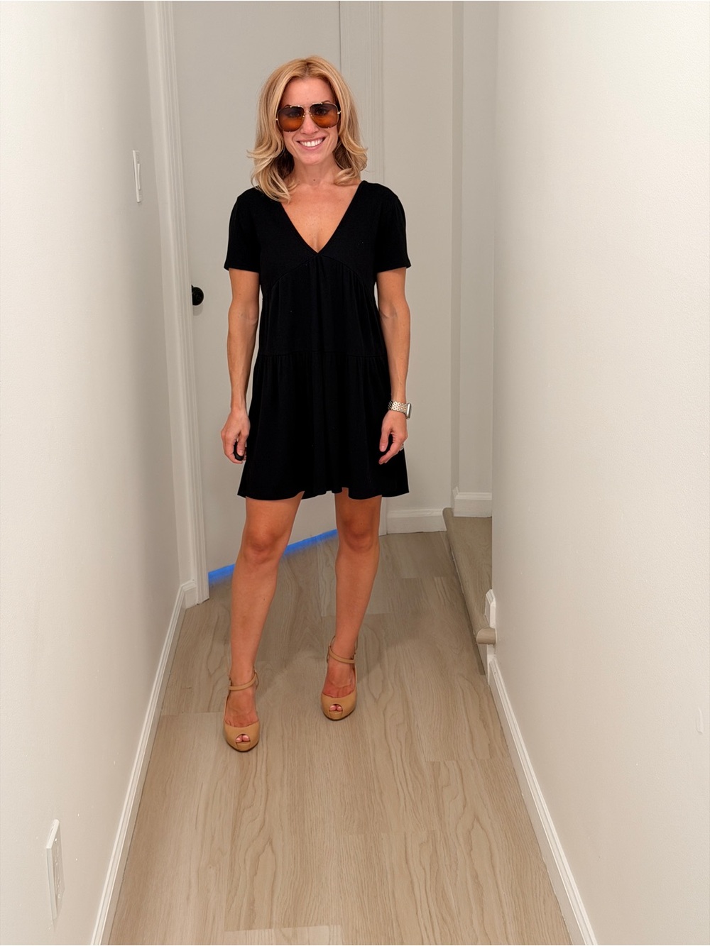 V-Neck Short Sleeve Black Mini Dress